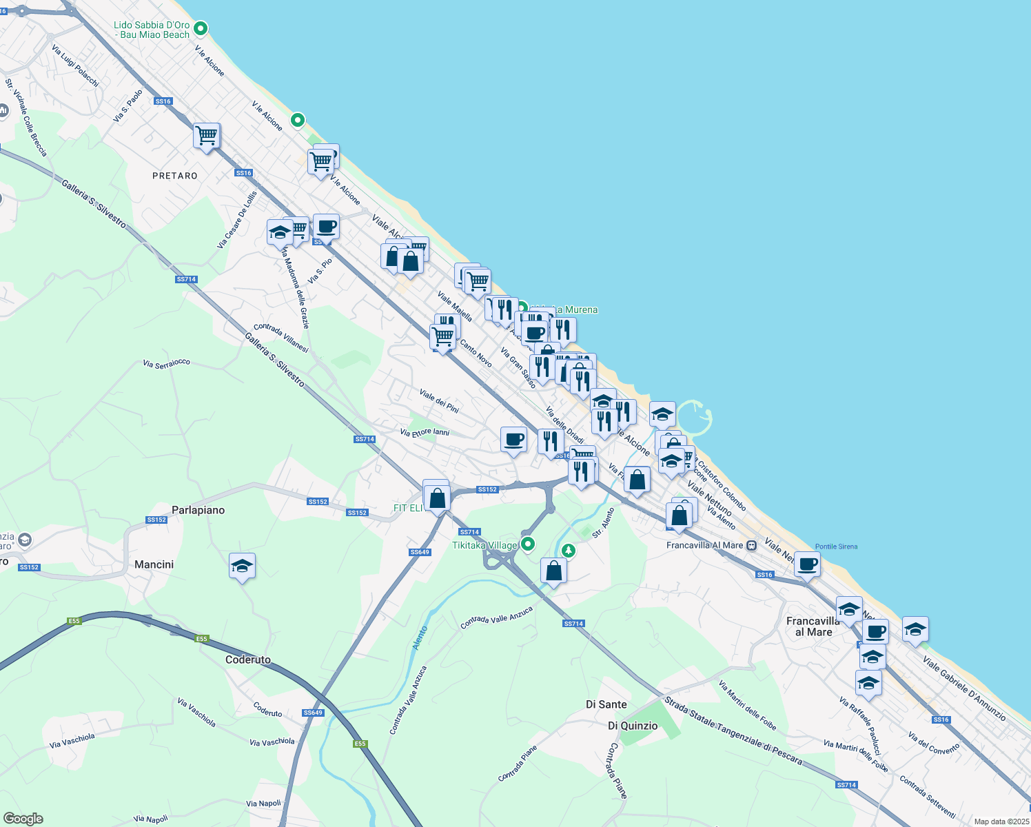 map of restaurants, bars, coffee shops, grocery stores, and more near 38 Via Nazionale Adriatica Nord in Francavilla al Mare