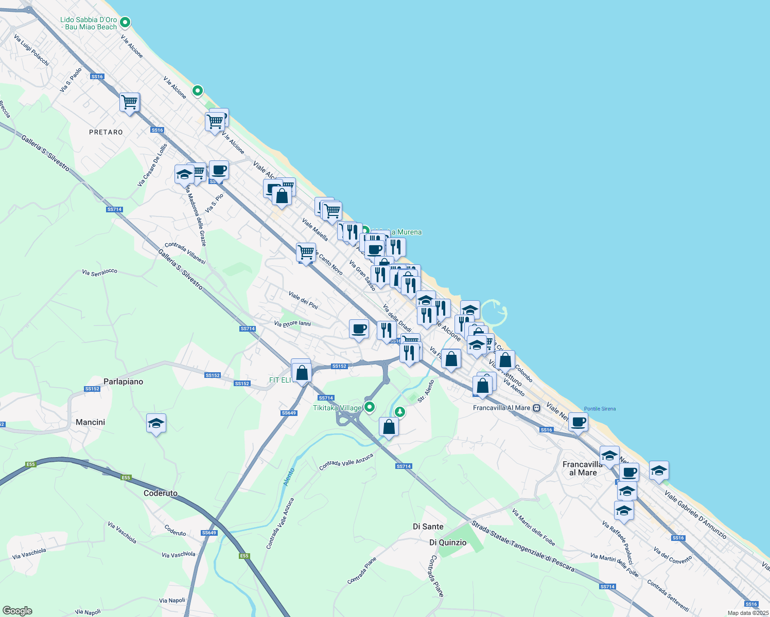 map of restaurants, bars, coffee shops, grocery stores, and more near 1A Via delle Driadi in Francavilla al Mare