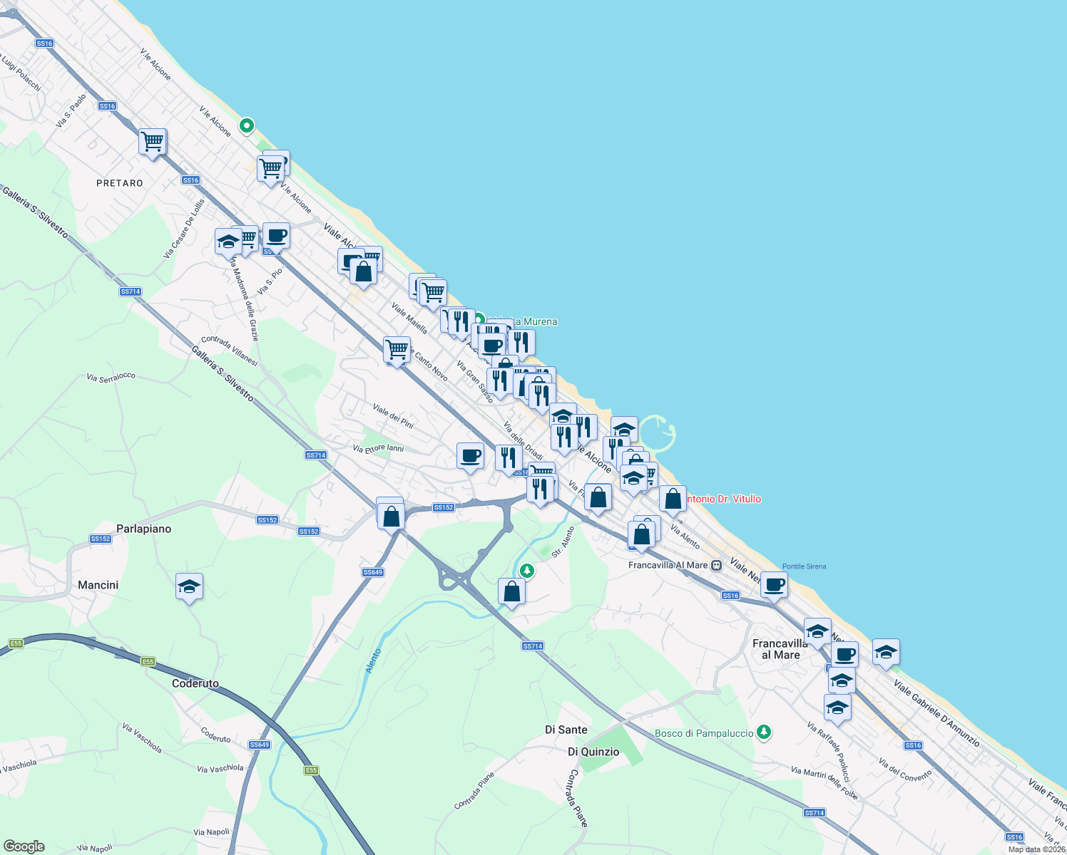 map of restaurants, bars, coffee shops, grocery stores, and more near 3 Via Aventino in Francavilla al Mare