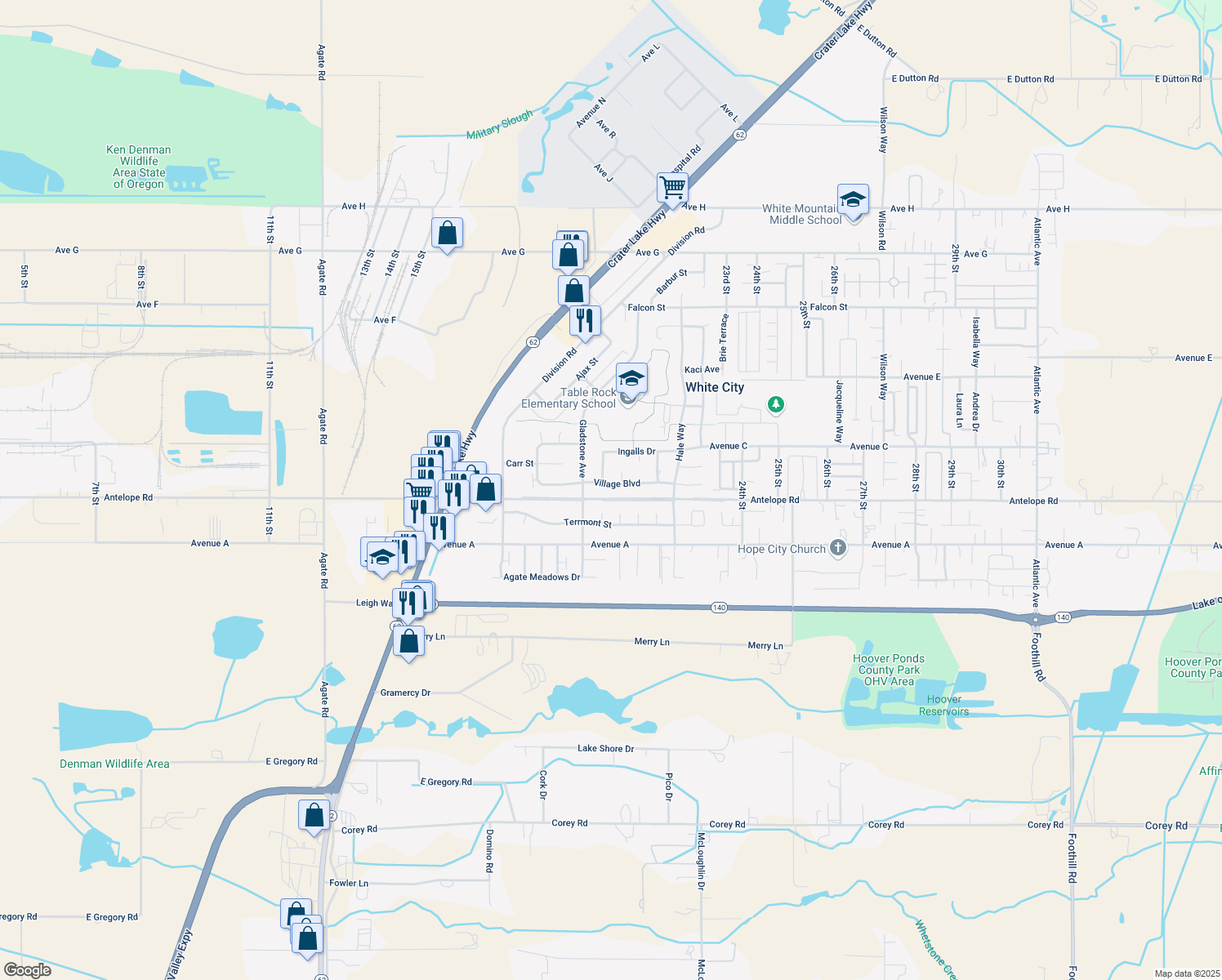 map of restaurants, bars, coffee shops, grocery stores, and more near 2714 Village Blvd in White City