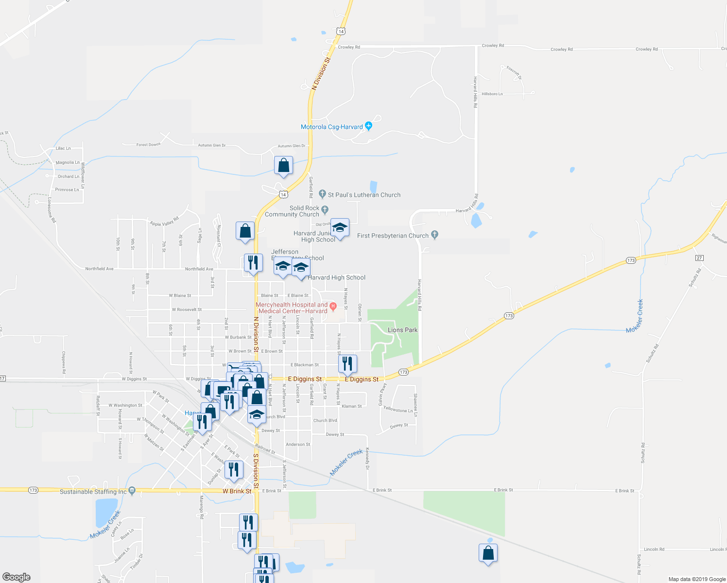 map of restaurants, bars, coffee shops, grocery stores, and more near 1101 O Brien Street in Harvard