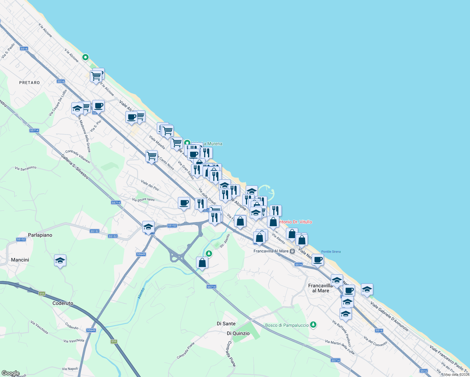 map of restaurants, bars, coffee shops, grocery stores, and more near 6 Via Figlia di Iorio in Francavilla al Mare