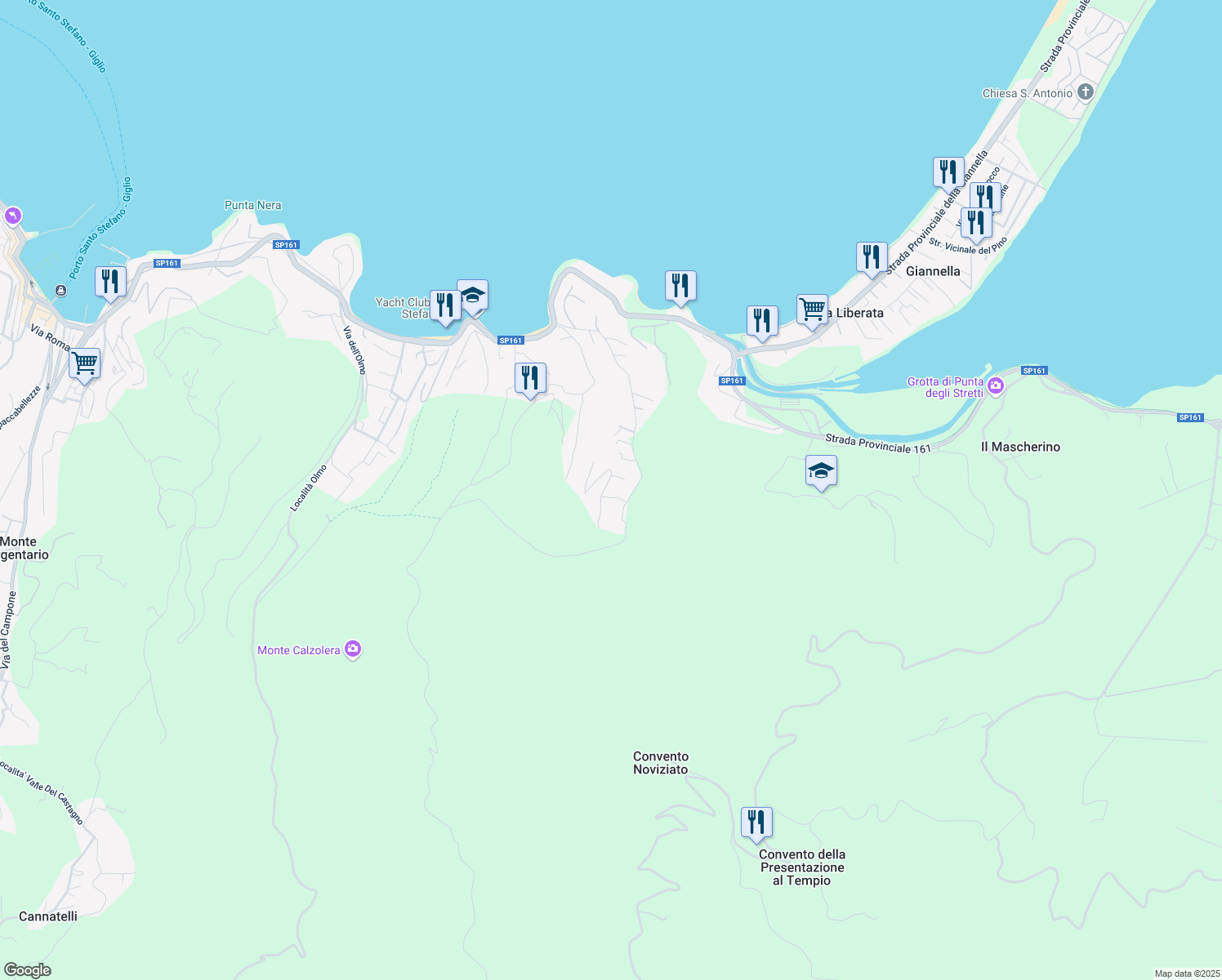 map of restaurants, bars, coffee shops, grocery stores, and more near 24-42 Via del Pianone Alto in Porto Santo Stefano