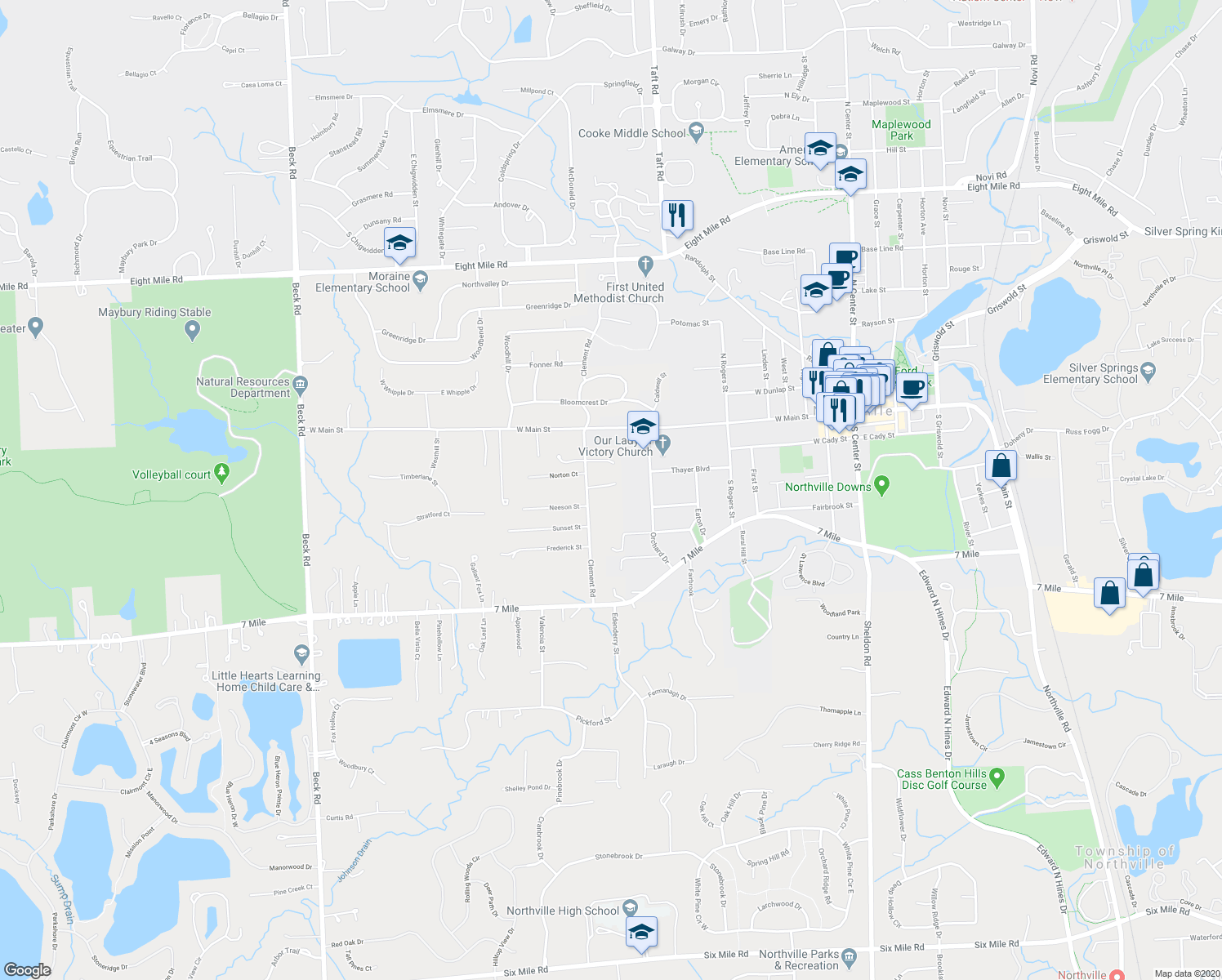 map of restaurants, bars, coffee shops, grocery stores, and more near 19666 Clement Road in Northville