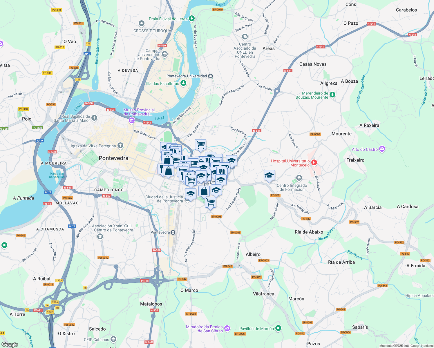 map of restaurants, bars, coffee shops, grocery stores, and more near 4 Rúa San Mauro in Pontevedra