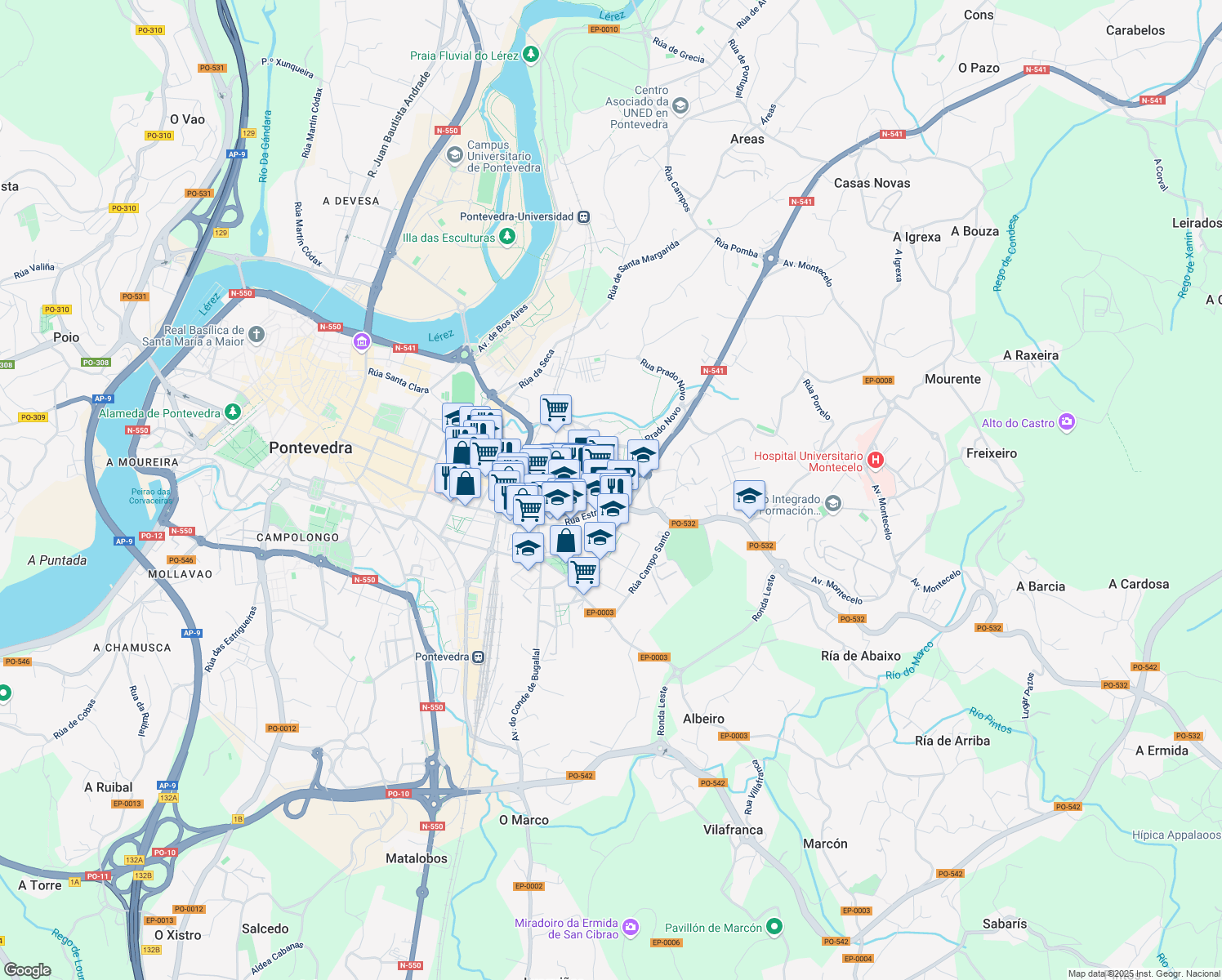 map of restaurants, bars, coffee shops, grocery stores, and more near 4 Rúa San Mauro in Pontevedra