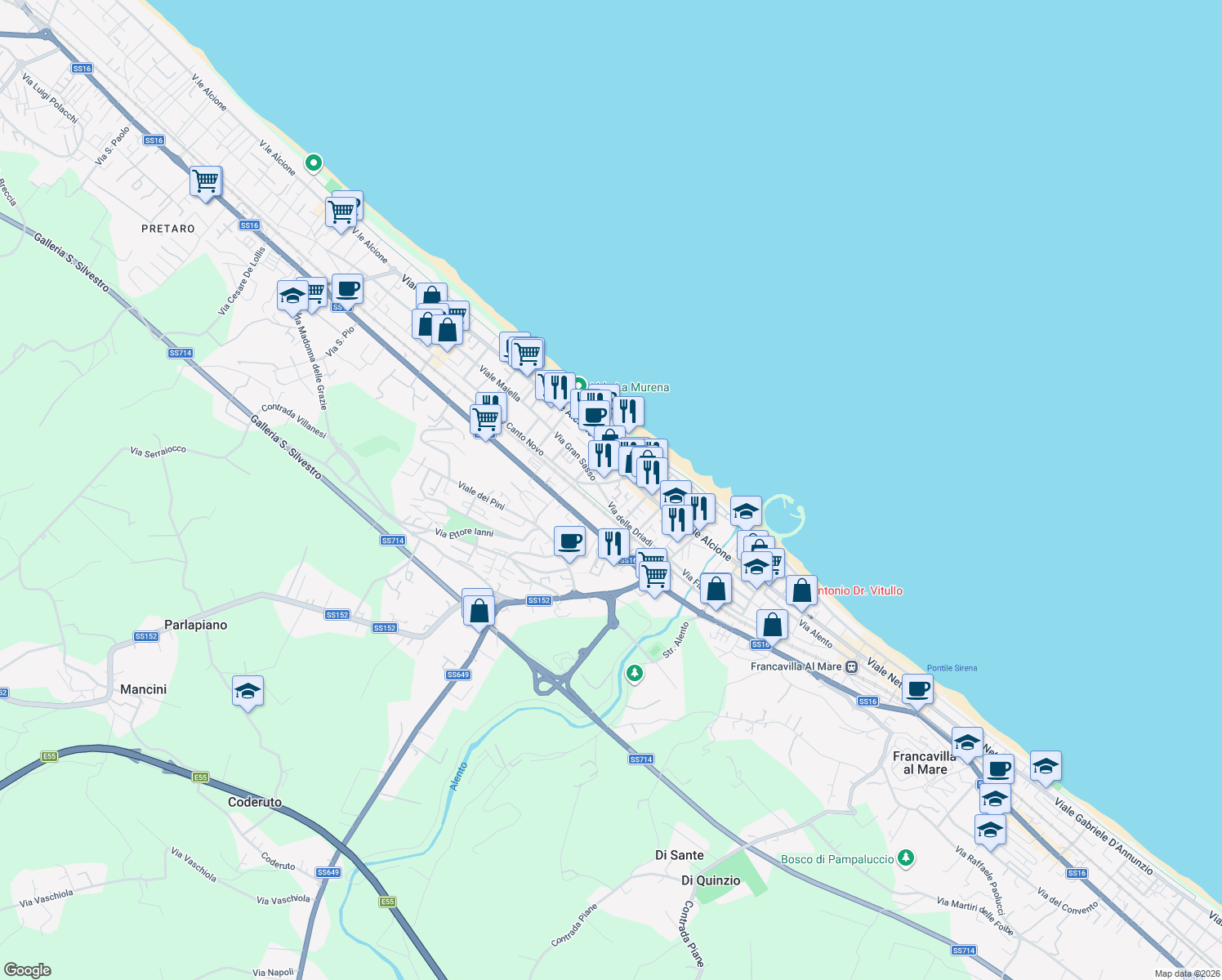 map of restaurants, bars, coffee shops, grocery stores, and more near 51 Viale Alcione in Francavilla Al Mare