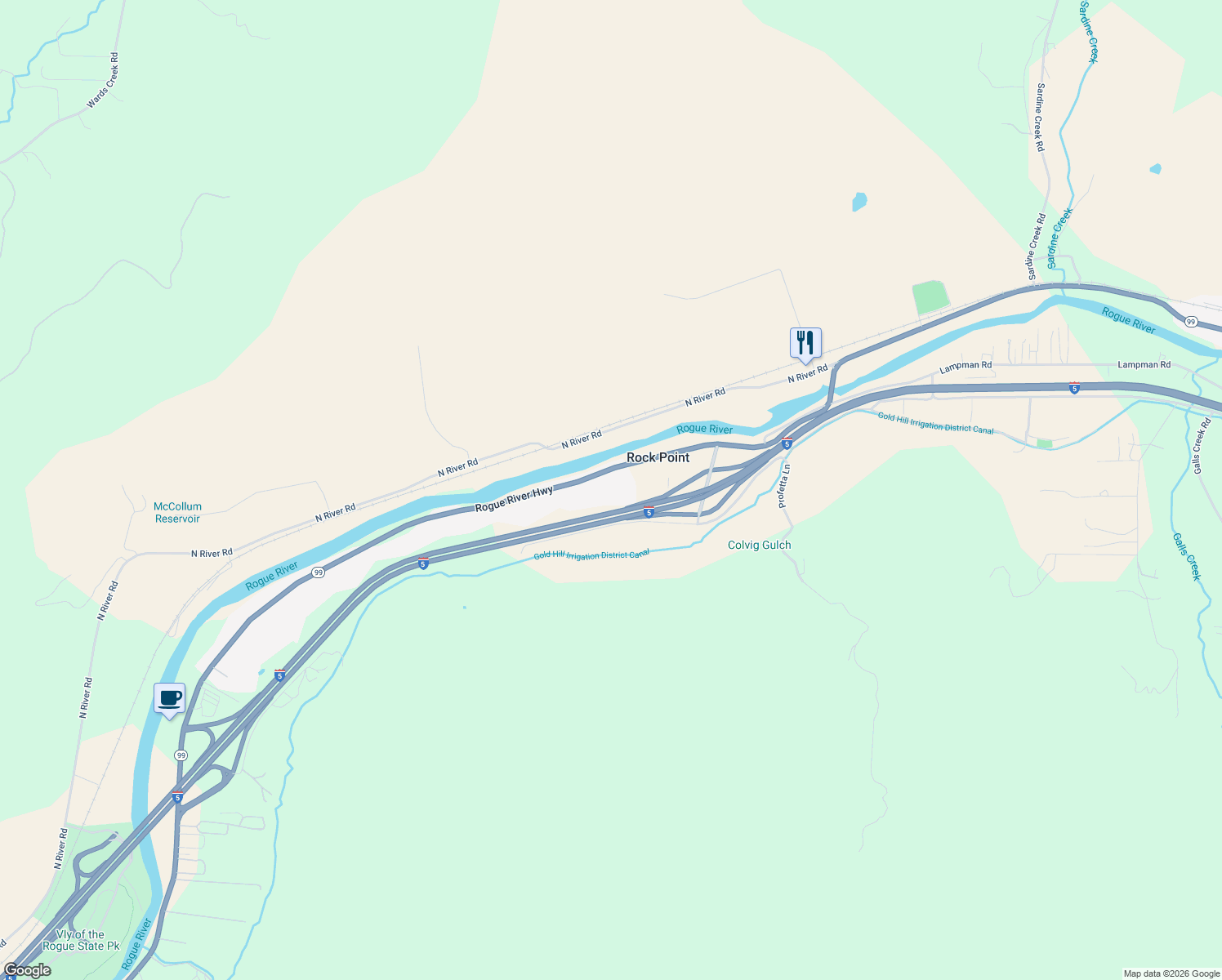 map of restaurants, bars, coffee shops, grocery stores, and more near 321 Rogue River Highway in Gold Hill