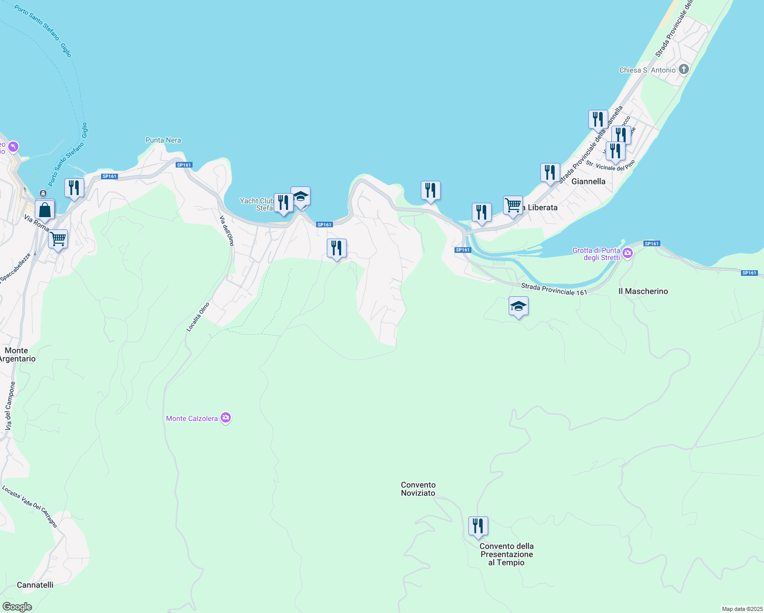 map of restaurants, bars, coffee shops, grocery stores, and more near 42 Via del Pianone Alto in Porto Santo Stefano