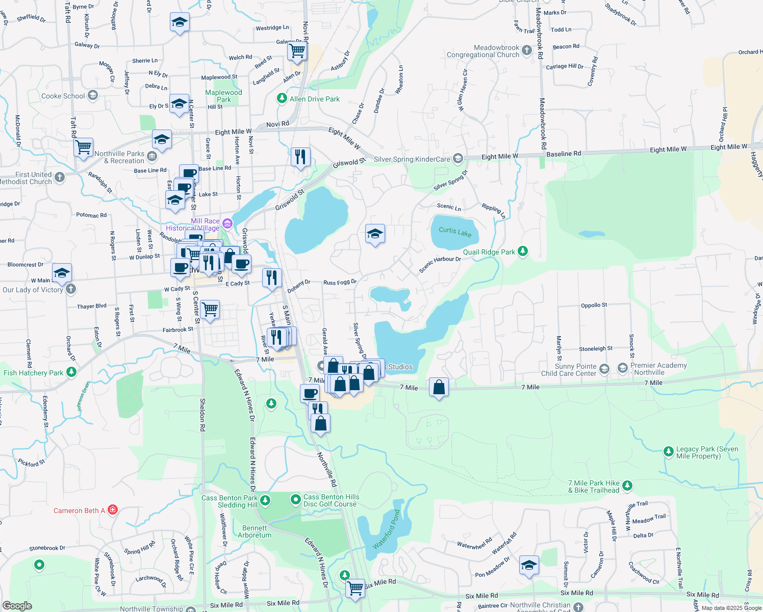 map of restaurants, bars, coffee shops, grocery stores, and more near 19832 Crystal Lake Dr in Northville