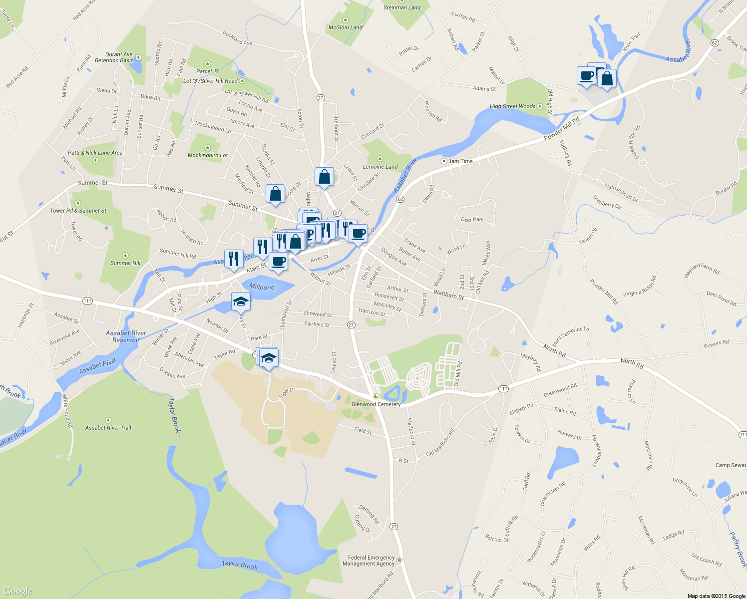 map of restaurants, bars, coffee shops, grocery stores, and more near 14 McKinley Street in Maynard