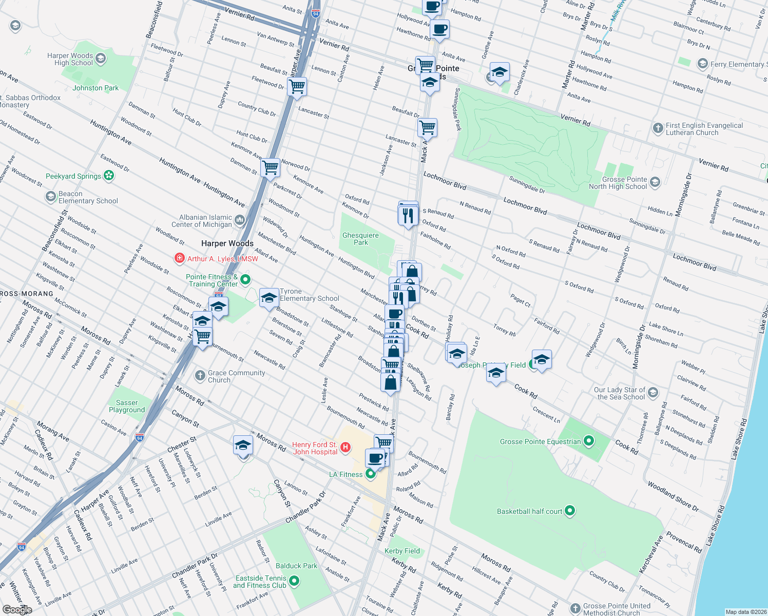 map of restaurants, bars, coffee shops, grocery stores, and more near 1751 Manchester Blvd in Grosse Pointe Woods