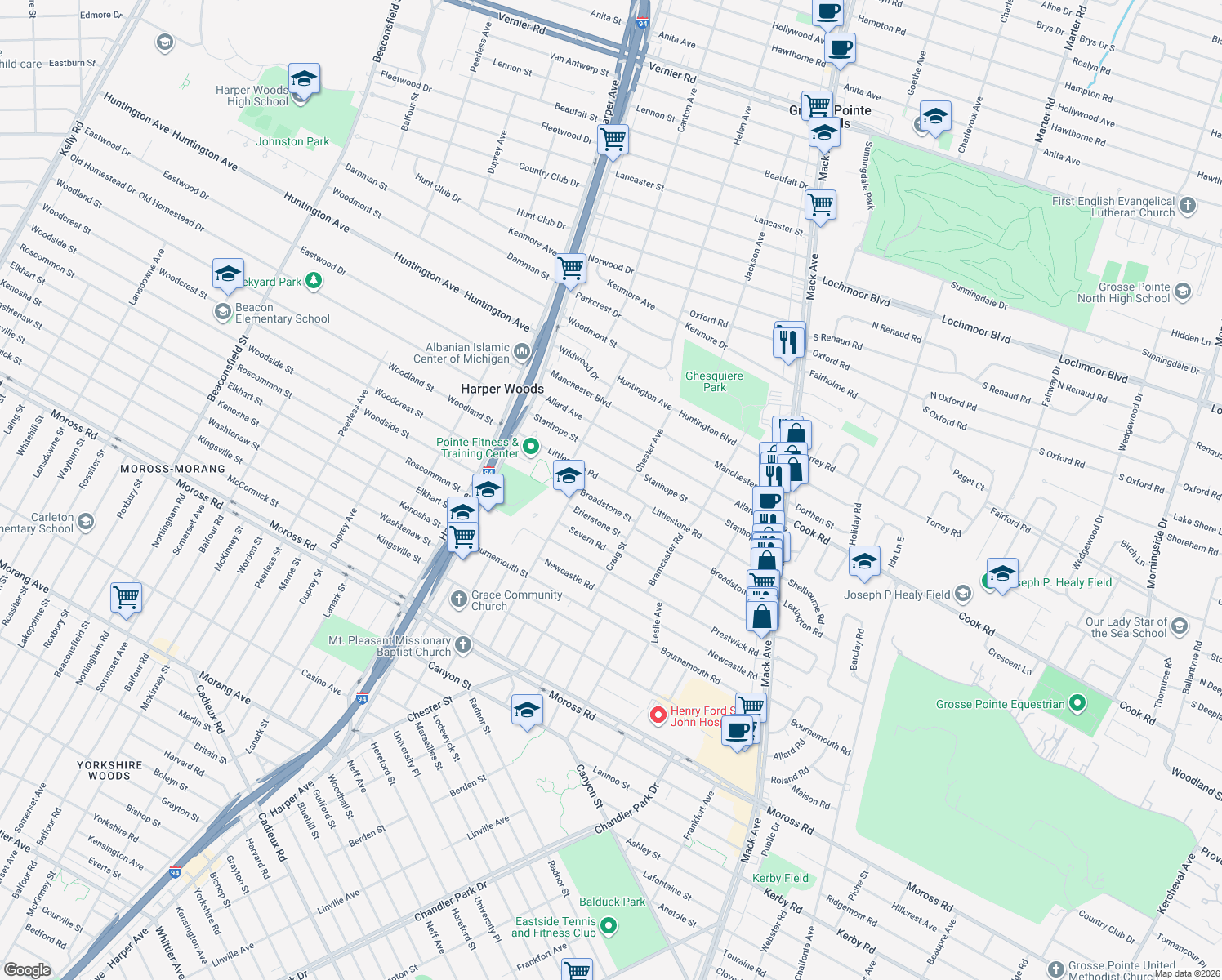 map of restaurants, bars, coffee shops, grocery stores, and more near 21326 Littlestone Road in Harper Woods