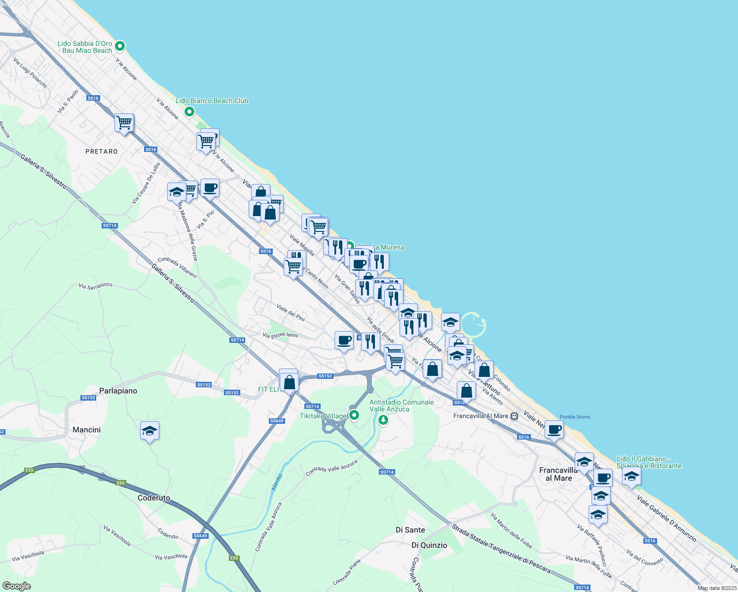 map of restaurants, bars, coffee shops, grocery stores, and more near 51 Viale Alcione in Francavilla al Mare