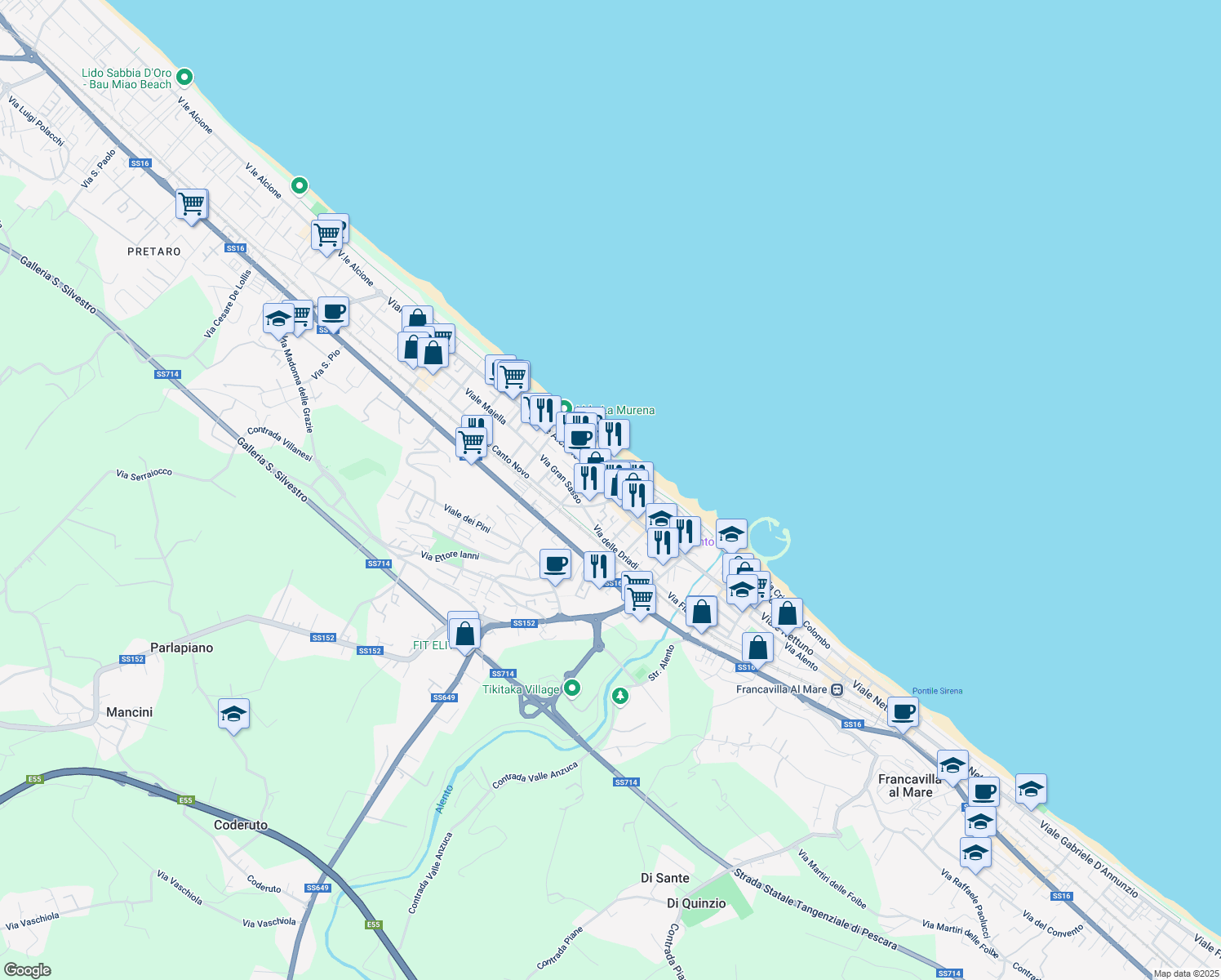 map of restaurants, bars, coffee shops, grocery stores, and more near 51 Viale Alcione in Francavilla Al Mare