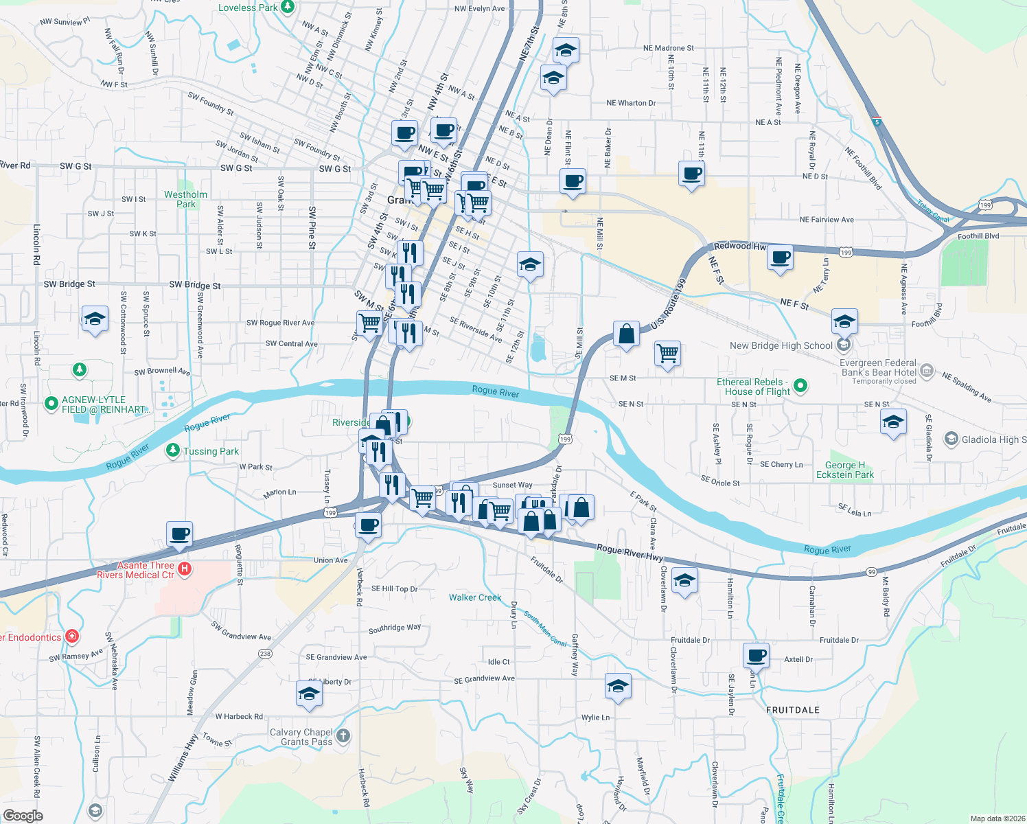 map of restaurants, bars, coffee shops, grocery stores, and more near 1104 Acacia Ln in Grants Pass