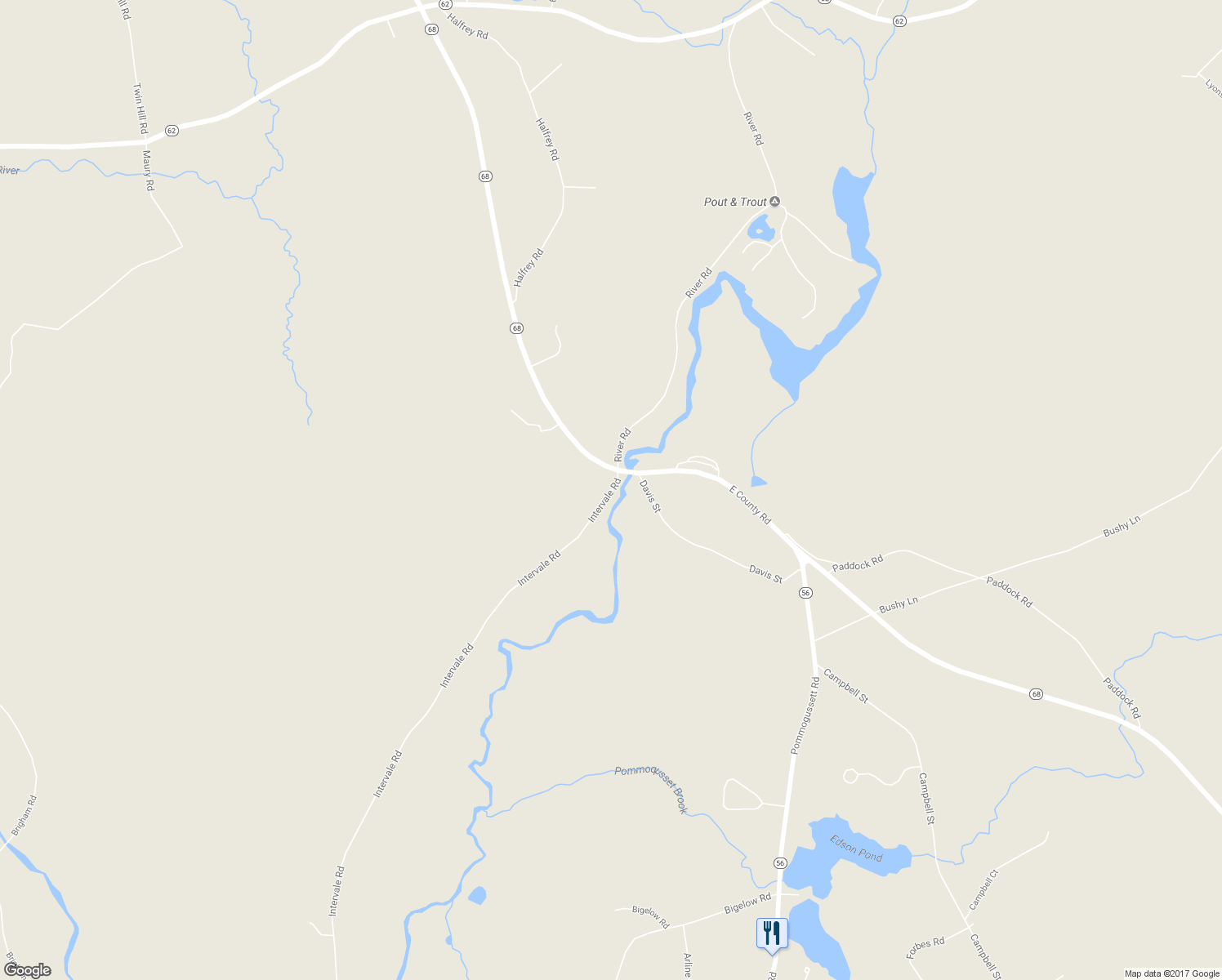 map of restaurants, bars, coffee shops, grocery stores, and more near 38 River Road in Rutland