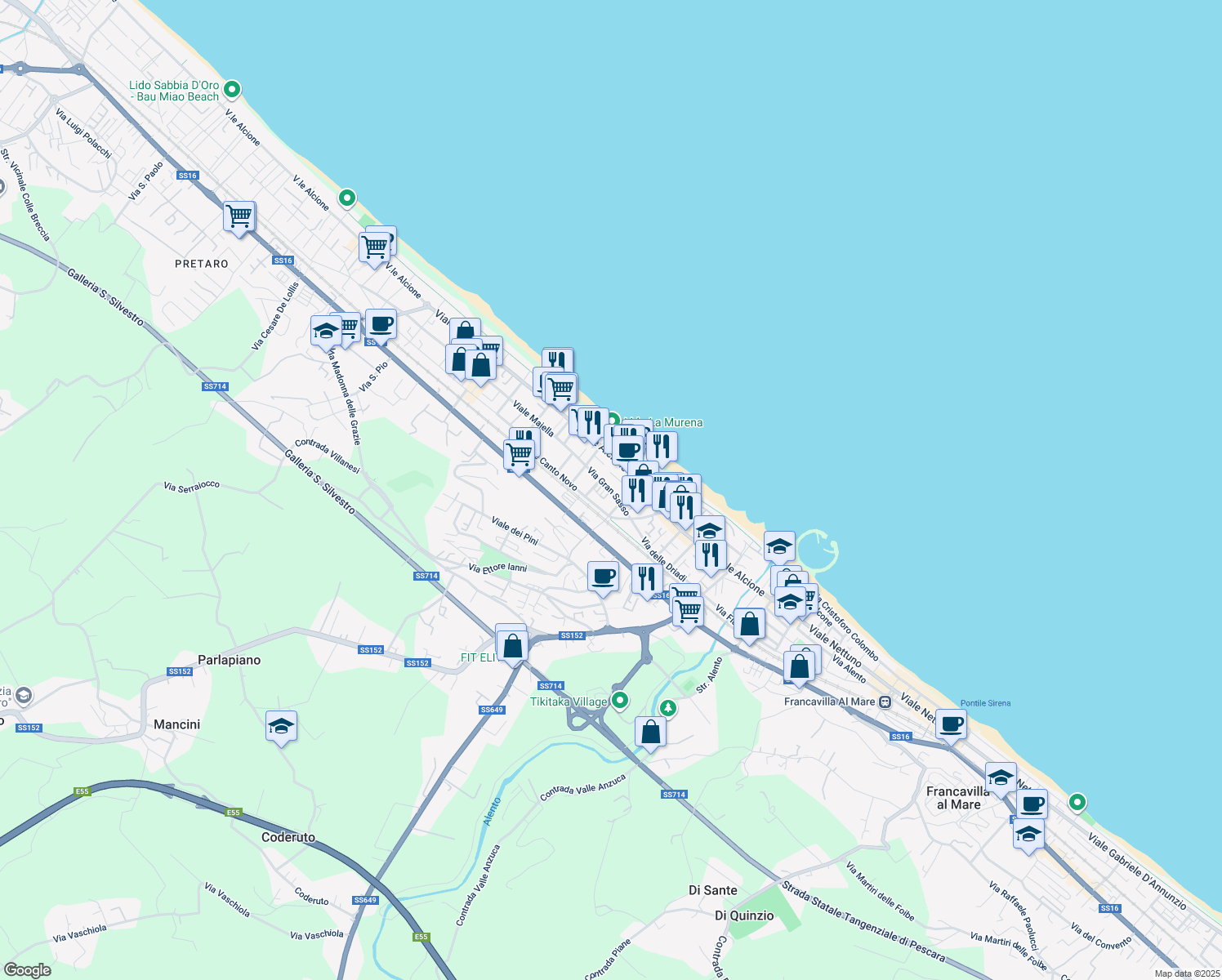 map of restaurants, bars, coffee shops, grocery stores, and more near 3 Via Vergini delle Rocce in Francavilla al Mare
