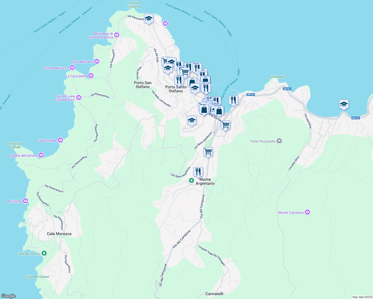 map of restaurants, bars, coffee shops, grocery stores, and more near 196 Via dell’ Appetito in Porto Santo Stefano