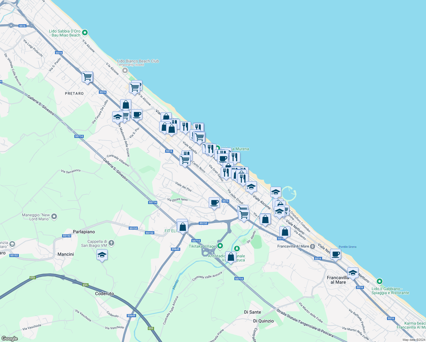 map of restaurants, bars, coffee shops, grocery stores, and more near 22 Via Gran Sasso in Francavilla Al Mare