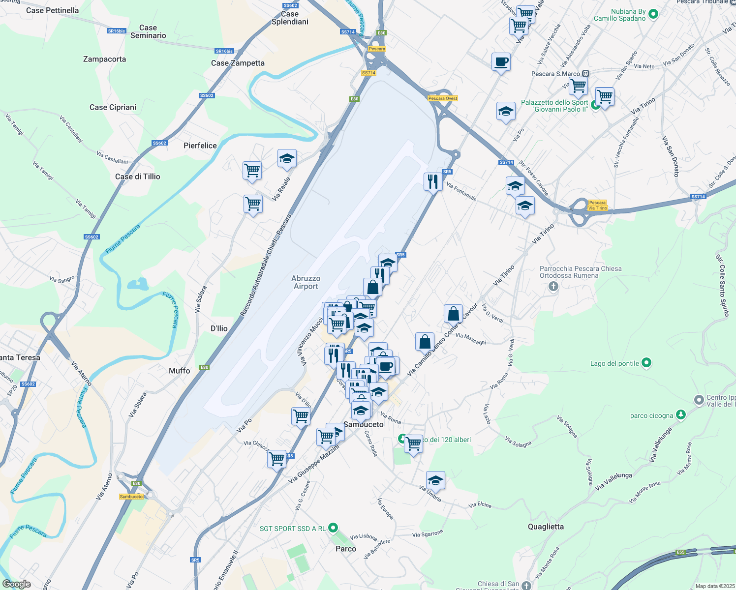 map of restaurants, bars, coffee shops, grocery stores, and more near 170 Via Amendola in Pescara