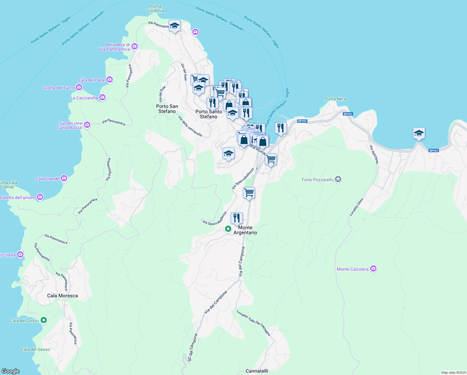 map of restaurants, bars, coffee shops, grocery stores, and more near 196 Via dell’ Appetito in Porto Santo Stefano