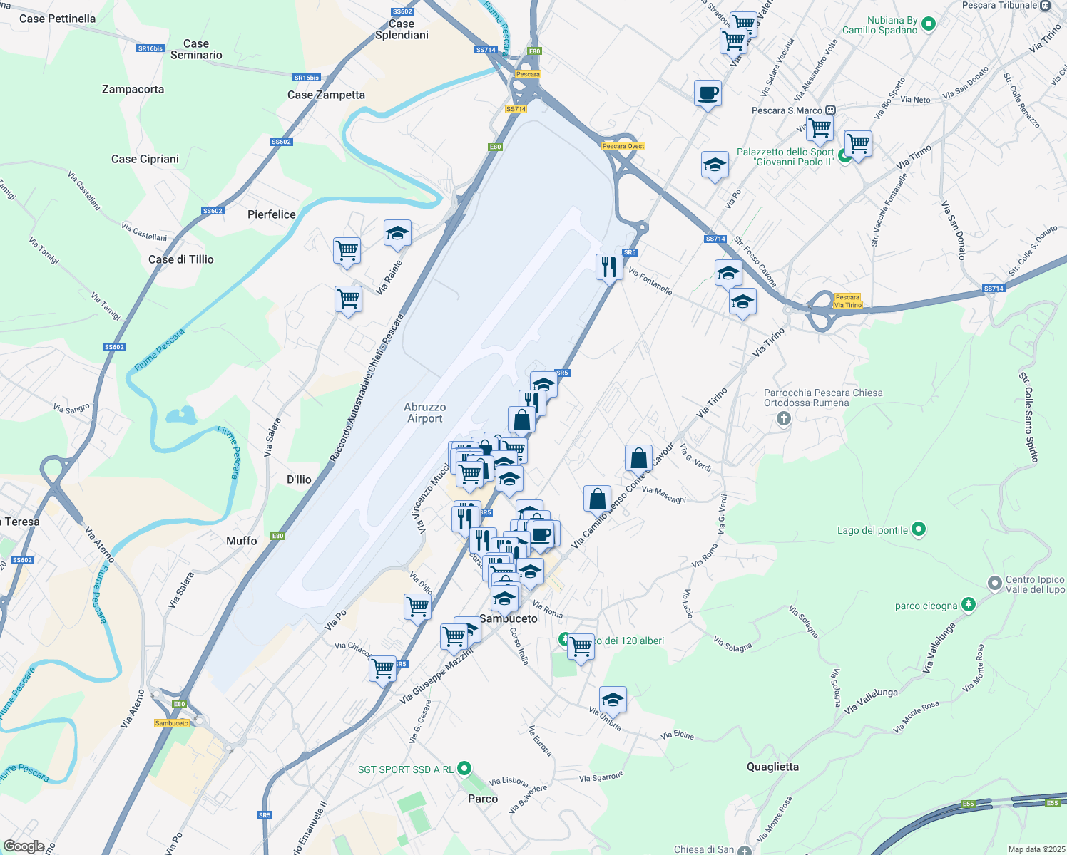 map of restaurants, bars, coffee shops, grocery stores, and more near 170 Via Amendola in Pescara