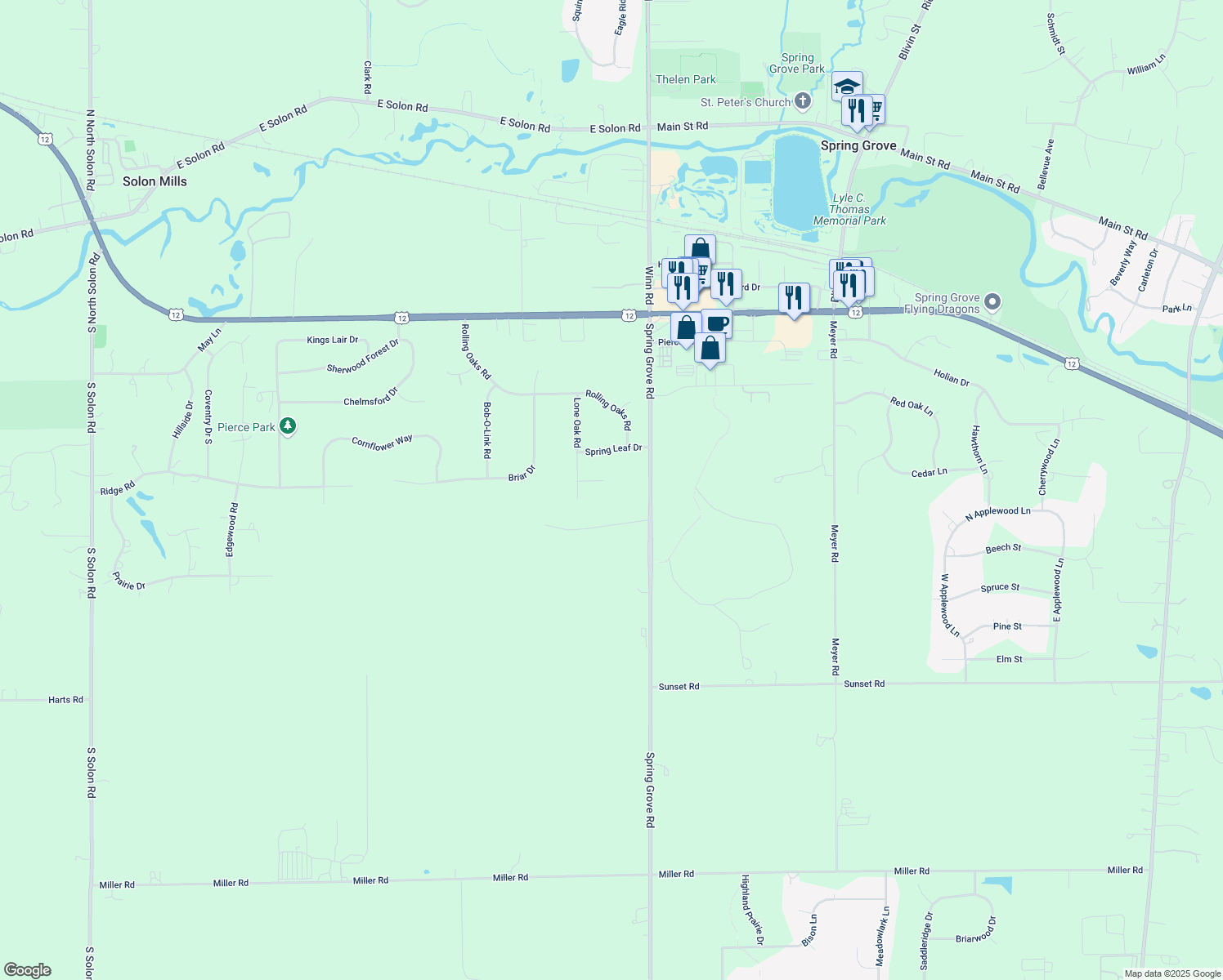 map of restaurants, bars, coffee shops, grocery stores, and more near 2703 Rondi Court in Spring Grove