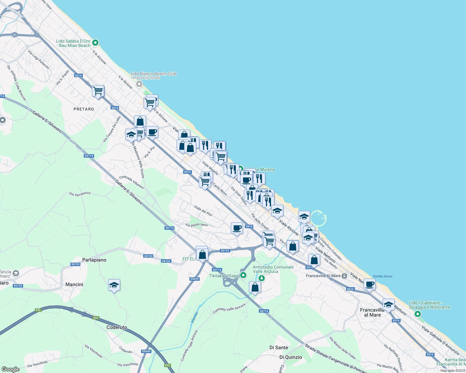 map of restaurants, bars, coffee shops, grocery stores, and more near 22 Via Gran Sasso in Francavilla al Mare