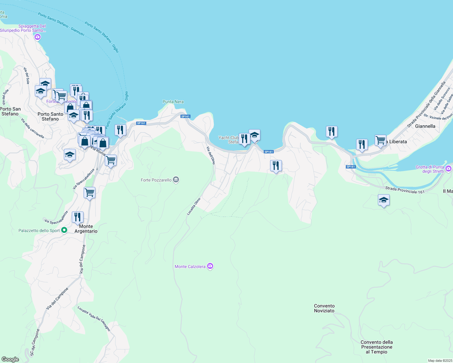 map of restaurants, bars, coffee shops, grocery stores, and more near 37 Via Cristoforo Colombo in Porto Santo Stefano