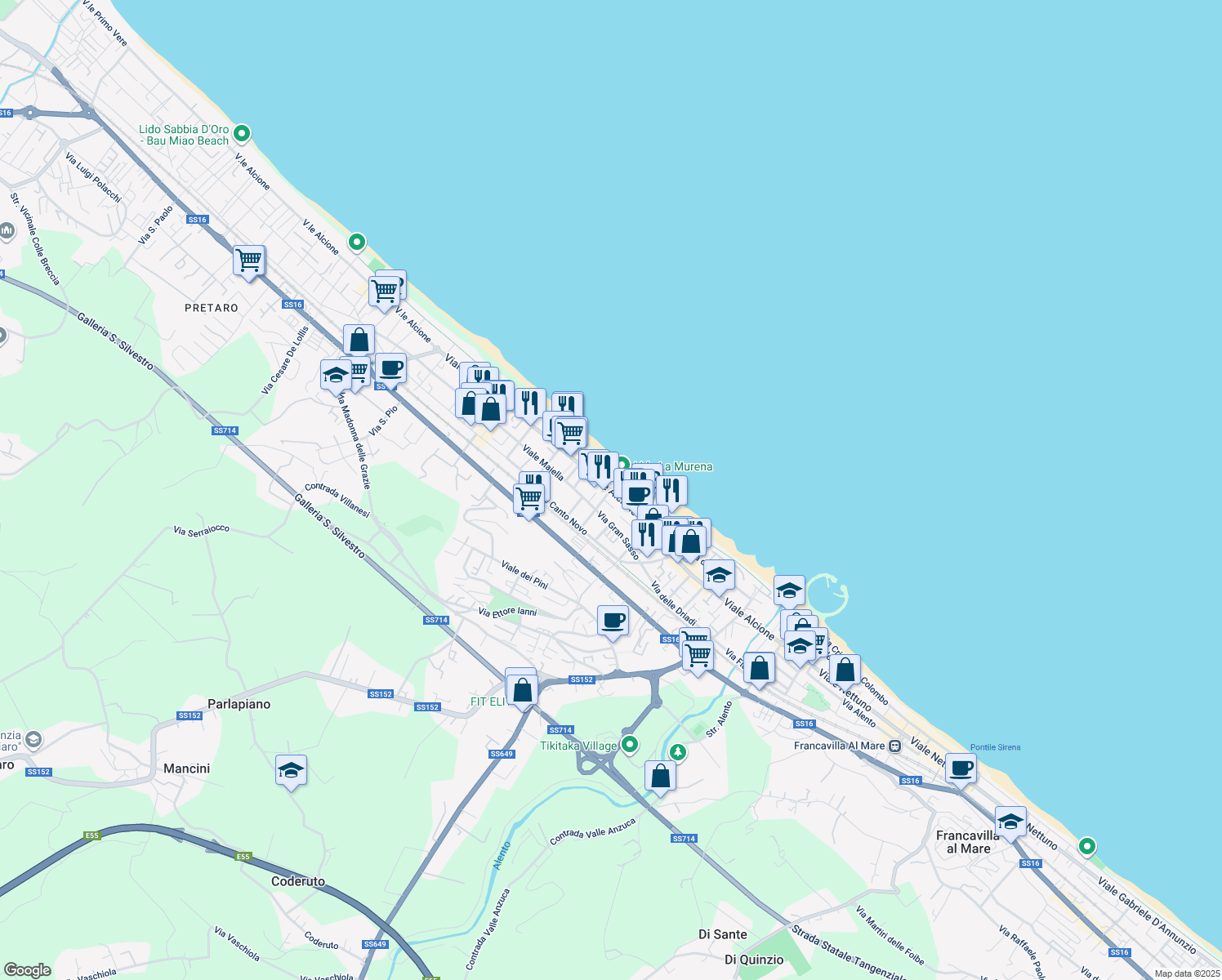 map of restaurants, bars, coffee shops, grocery stores, and more near Viale Alcyone in Francavilla Al Mare