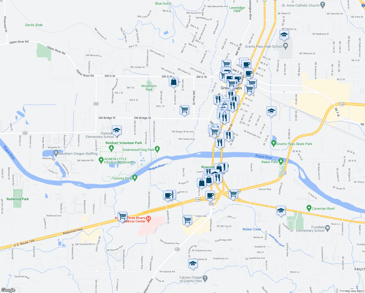 map of restaurants, bars, coffee shops, grocery stores, and more near SW Oak St & River Oaks Pl in Grants Pass