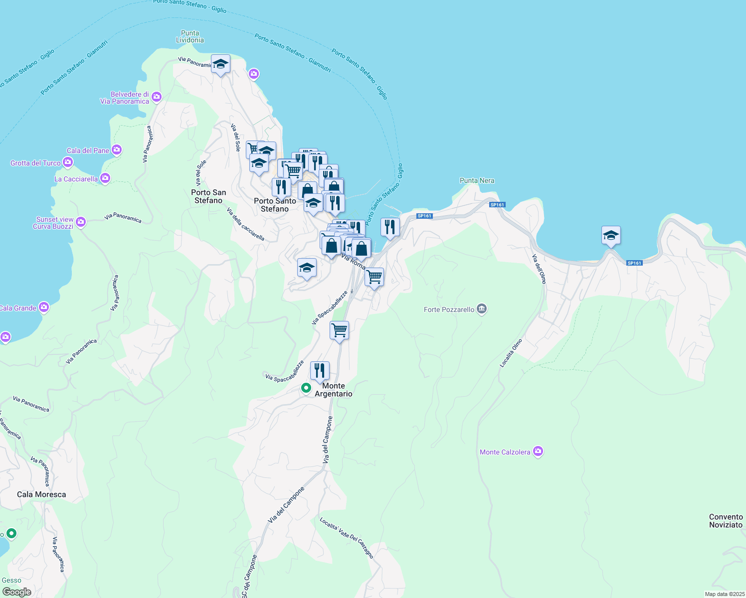 map of restaurants, bars, coffee shops, grocery stores, and more near 23D Strada dell Argentiera in Porto Santo Stefano