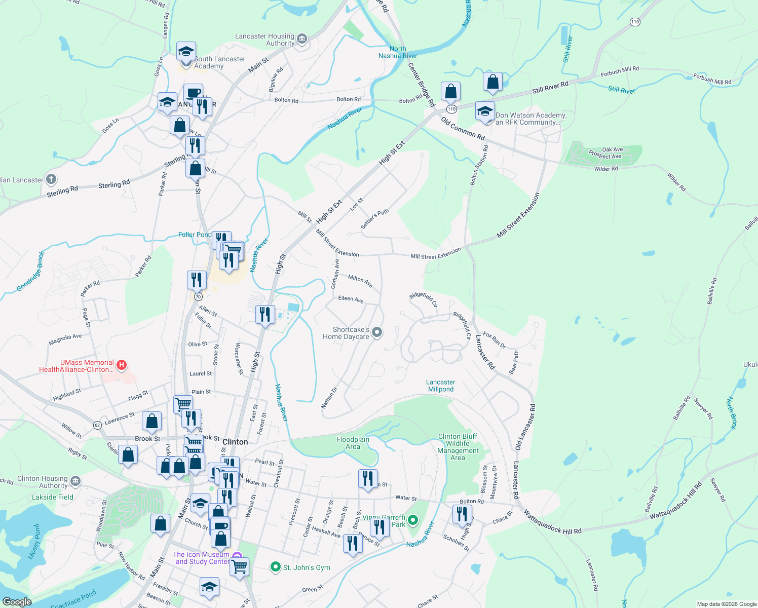 map of restaurants, bars, coffee shops, grocery stores, and more near 45 Woodruff Road in Clinton