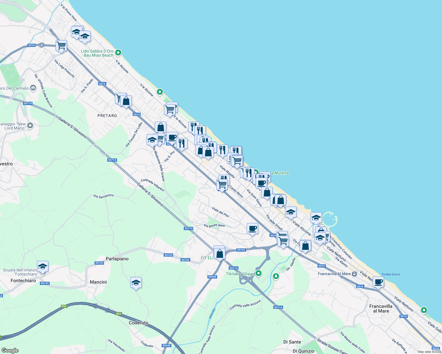 map of restaurants, bars, coffee shops, grocery stores, and more near 20 Viale Canto Novo in Francavilla al Mare