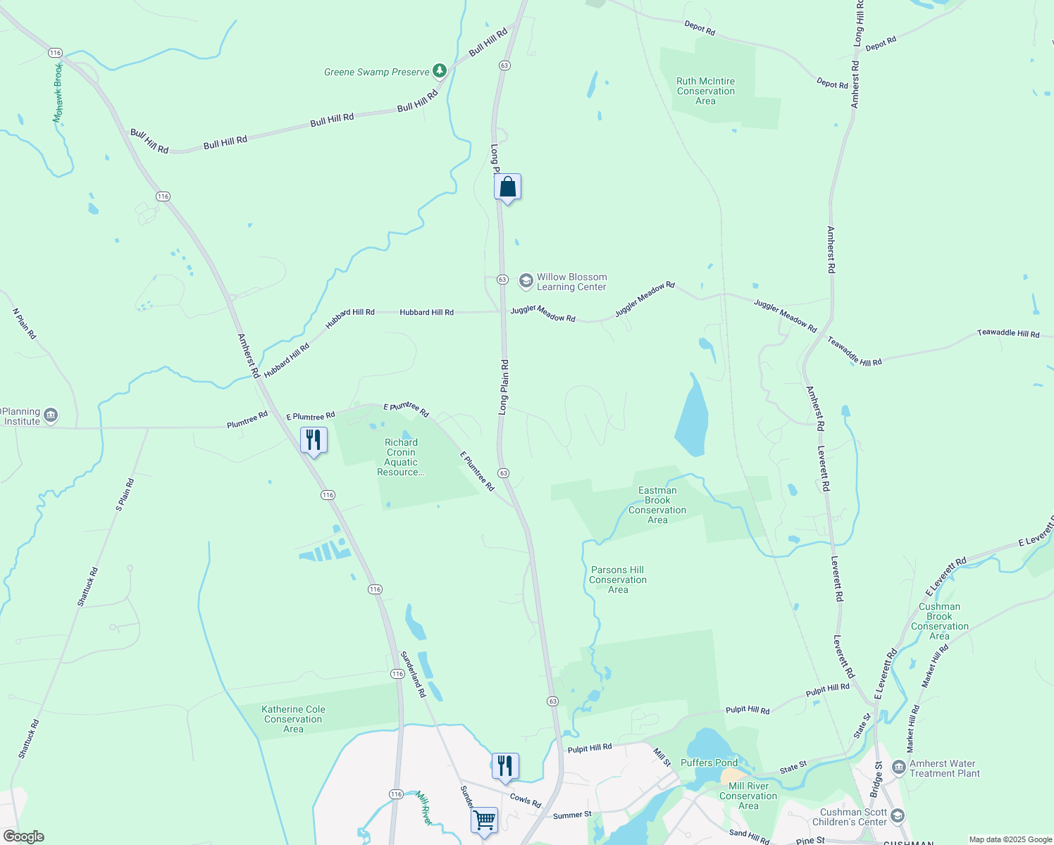 map of restaurants, bars, coffee shops, grocery stores, and more near 19 Drummer Hill Road in Amherst