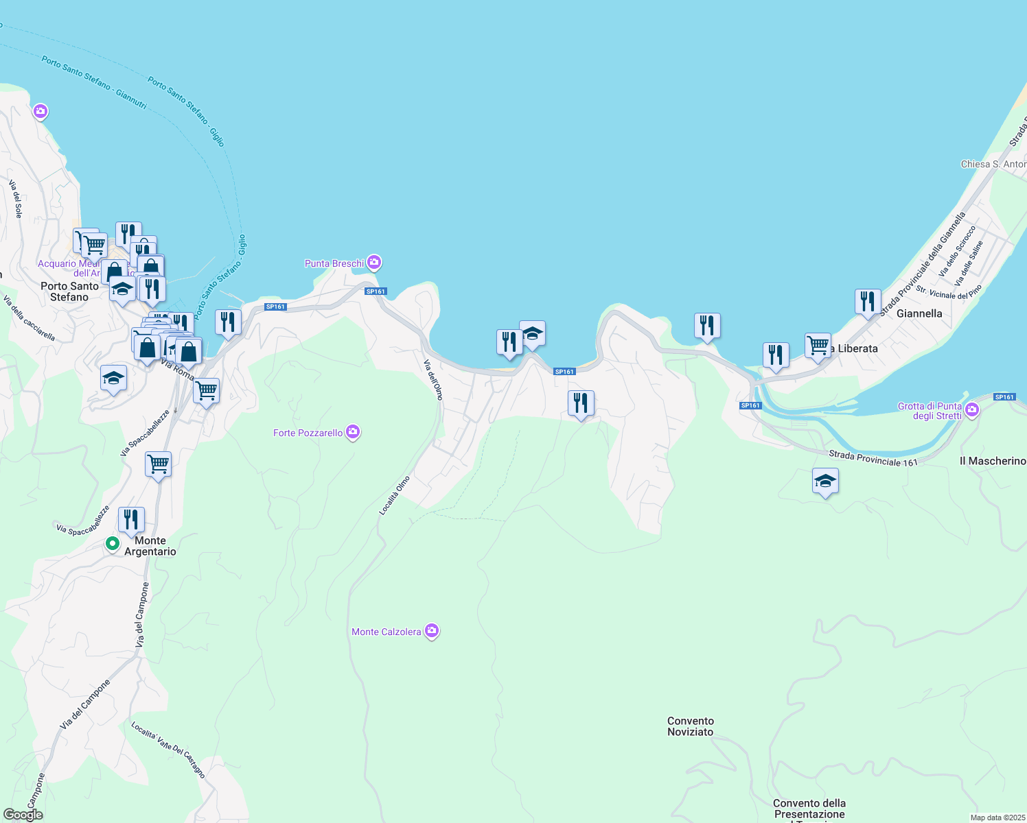 map of restaurants, bars, coffee shops, grocery stores, and more near 62 Via Forconata in Porto Santo Stefano