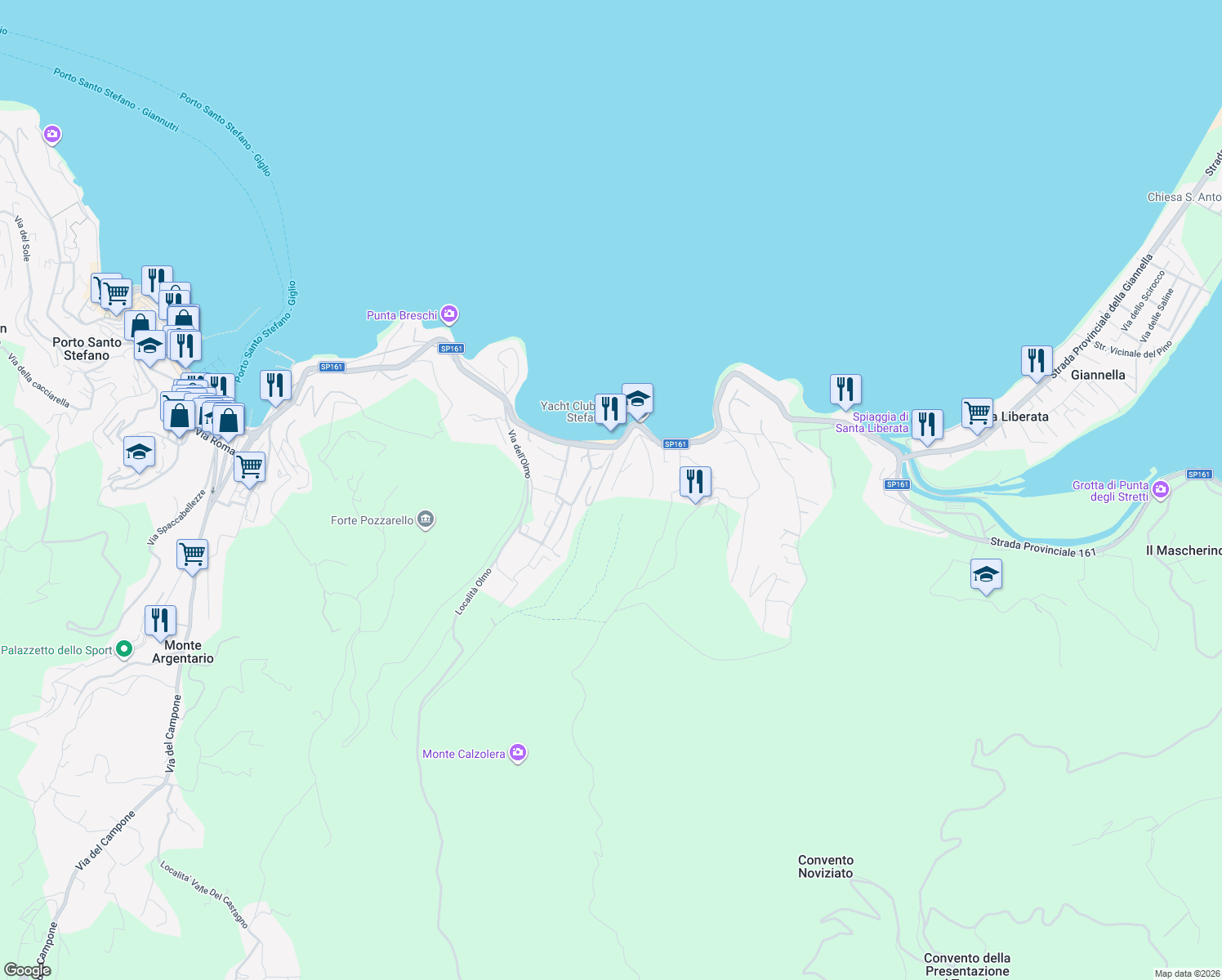 map of restaurants, bars, coffee shops, grocery stores, and more near 62 Via Forconata in Porto Santo Stefano