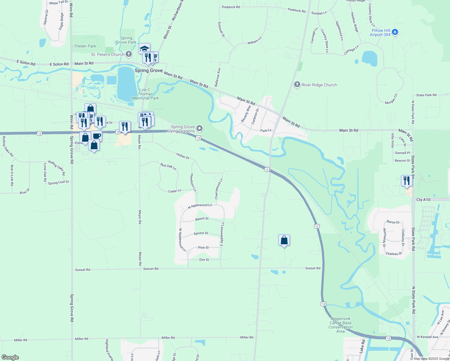 map of restaurants, bars, coffee shops, grocery stores, and more near 7204 Cherrywood Lane in Spring Grove