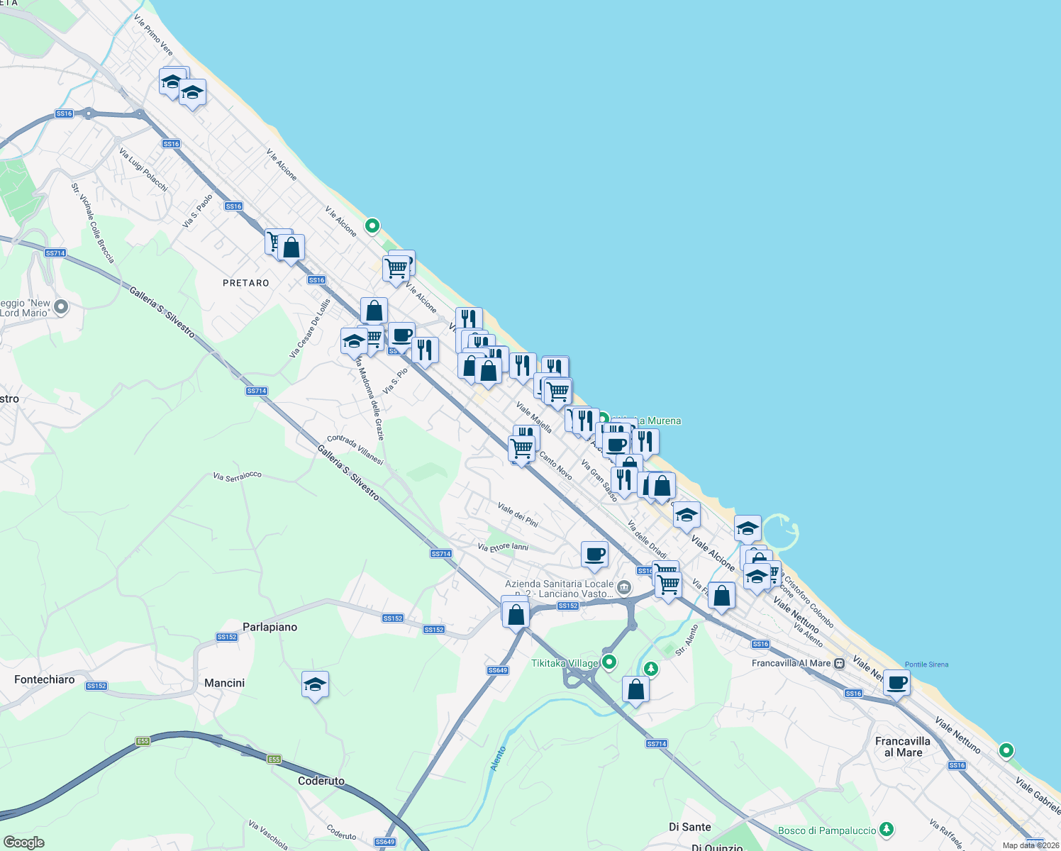 map of restaurants, bars, coffee shops, grocery stores, and more near 16 Via Feltrino in Francavilla al Mare