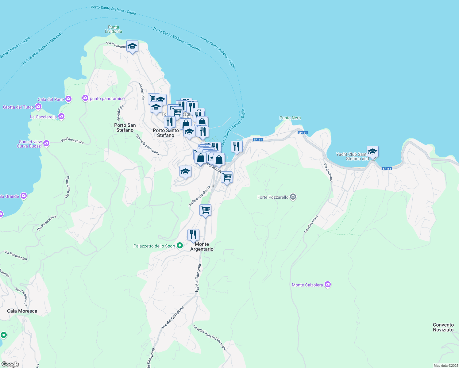 map of restaurants, bars, coffee shops, grocery stores, and more near 23D Strada dell Argentiera in Porto Santo Stefano