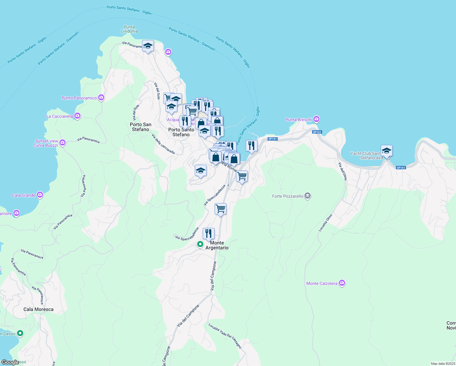 map of restaurants, bars, coffee shops, grocery stores, and more near 38 Via Spaccabellezze in Porto Santo Stefano