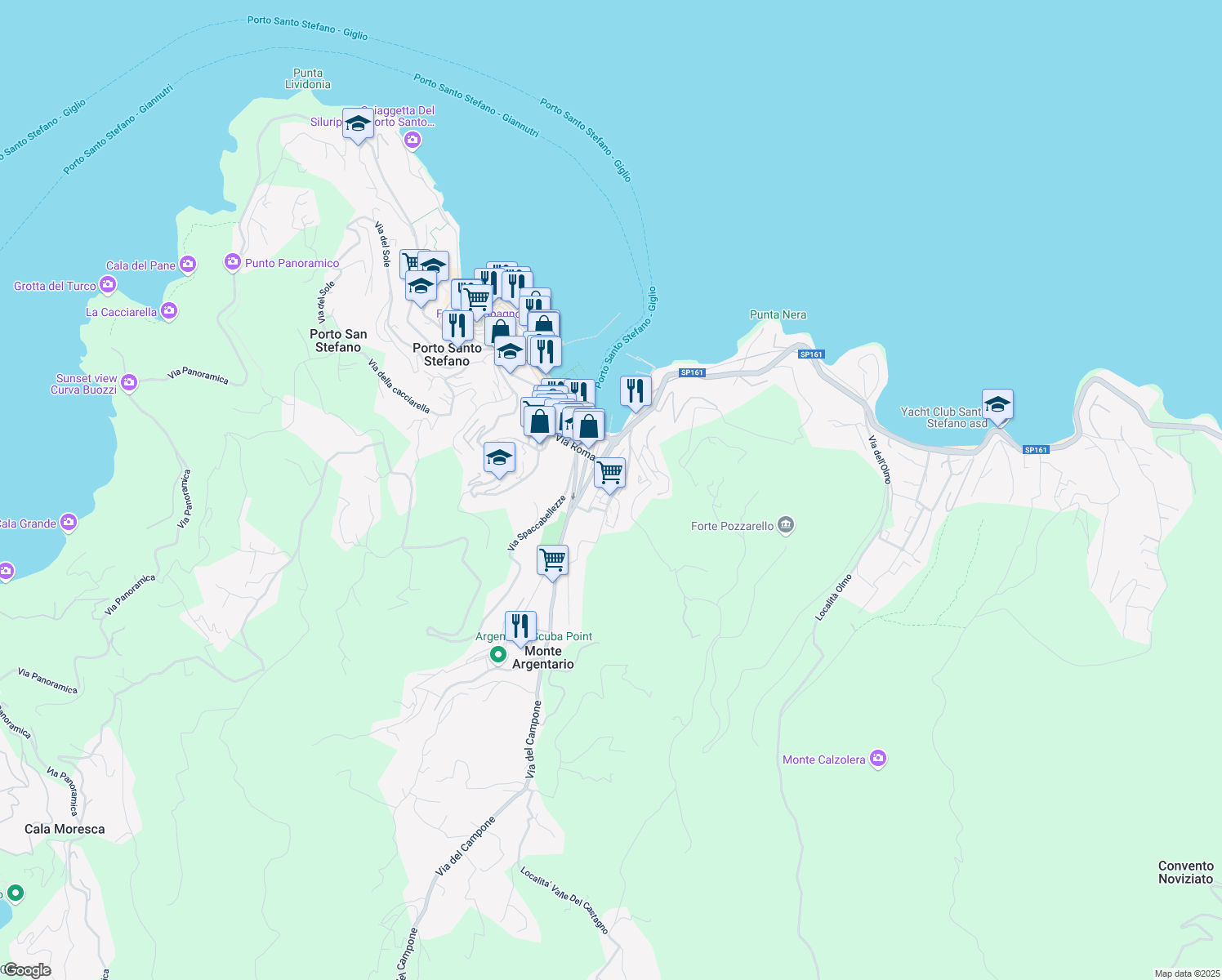 map of restaurants, bars, coffee shops, grocery stores, and more near 23D Strada dell Argentiera in Porto Santo Stefano