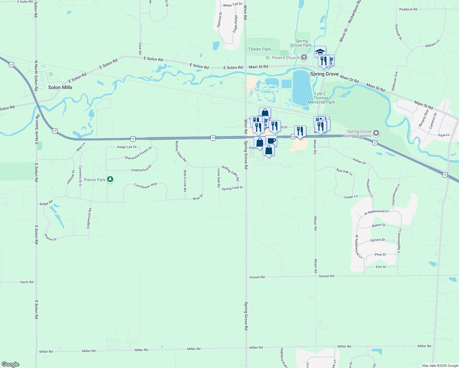 map of restaurants, bars, coffee shops, grocery stores, and more near 2702 Spring Leaf Drive in Spring Grove