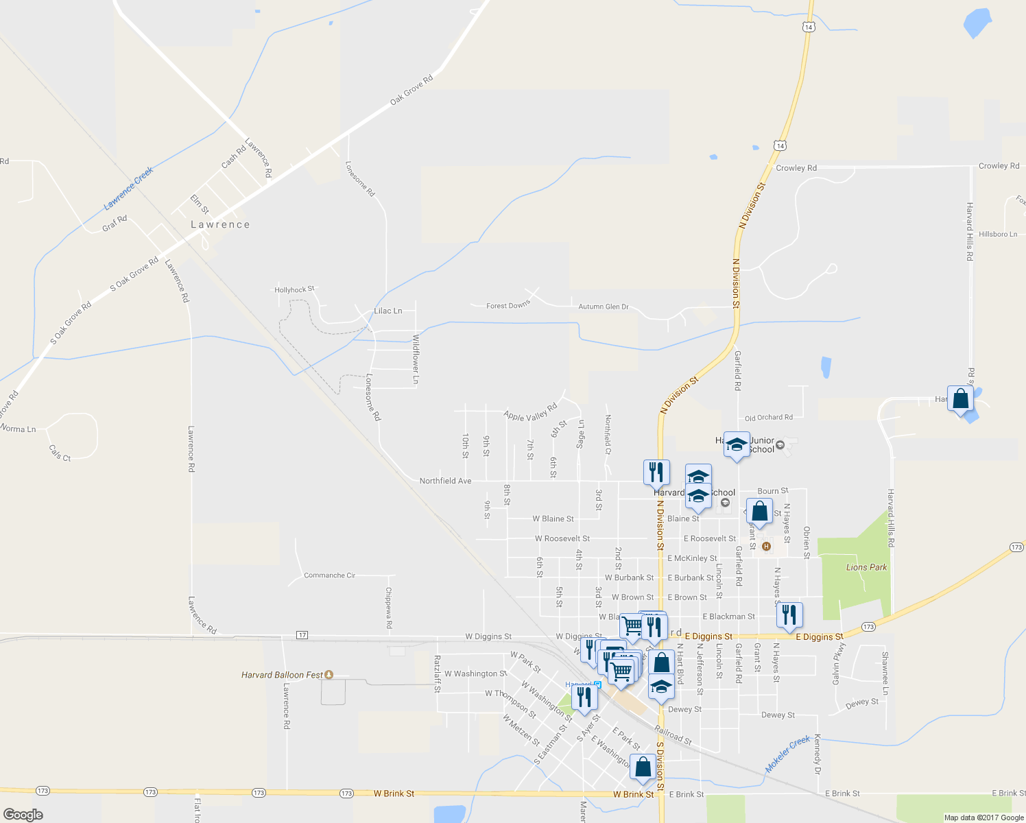 map of restaurants, bars, coffee shops, grocery stores, and more near 1601 8th Street in Harvard