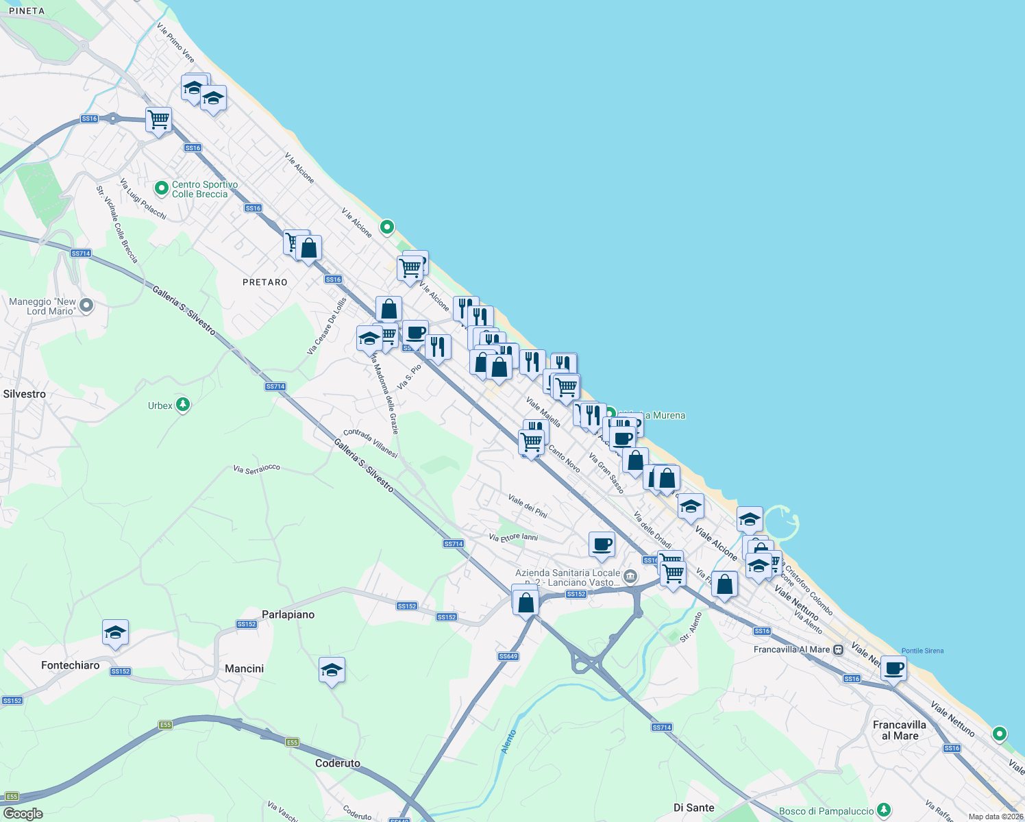 map of restaurants, bars, coffee shops, grocery stores, and more near 20 Viale Canto Novo in Francavilla al Mare