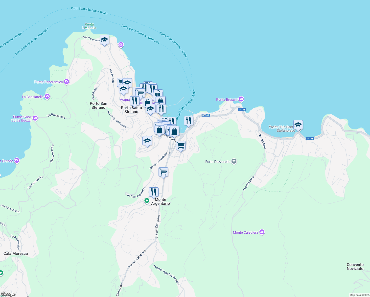 map of restaurants, bars, coffee shops, grocery stores, and more near 23D Strada dell Argentiera in Porto Santo Stefano