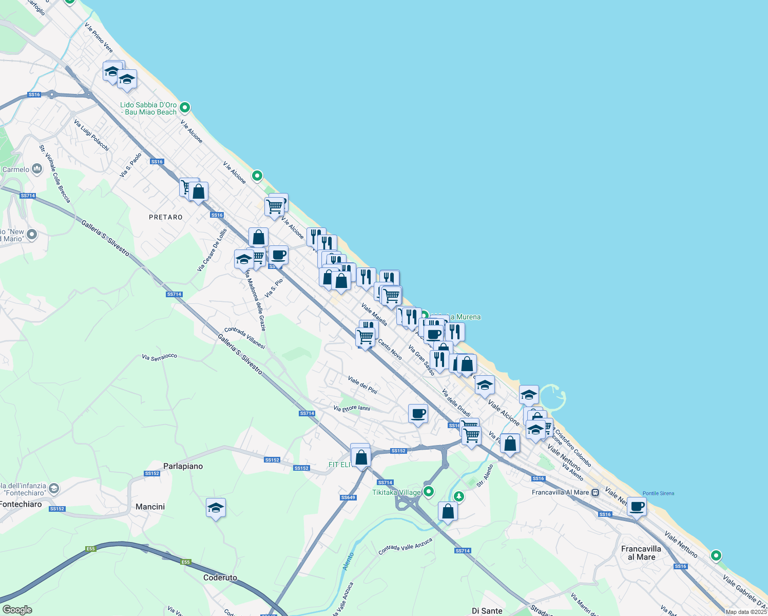 map of restaurants, bars, coffee shops, grocery stores, and more near 112 Viale Alcione in Francavilla al Mare