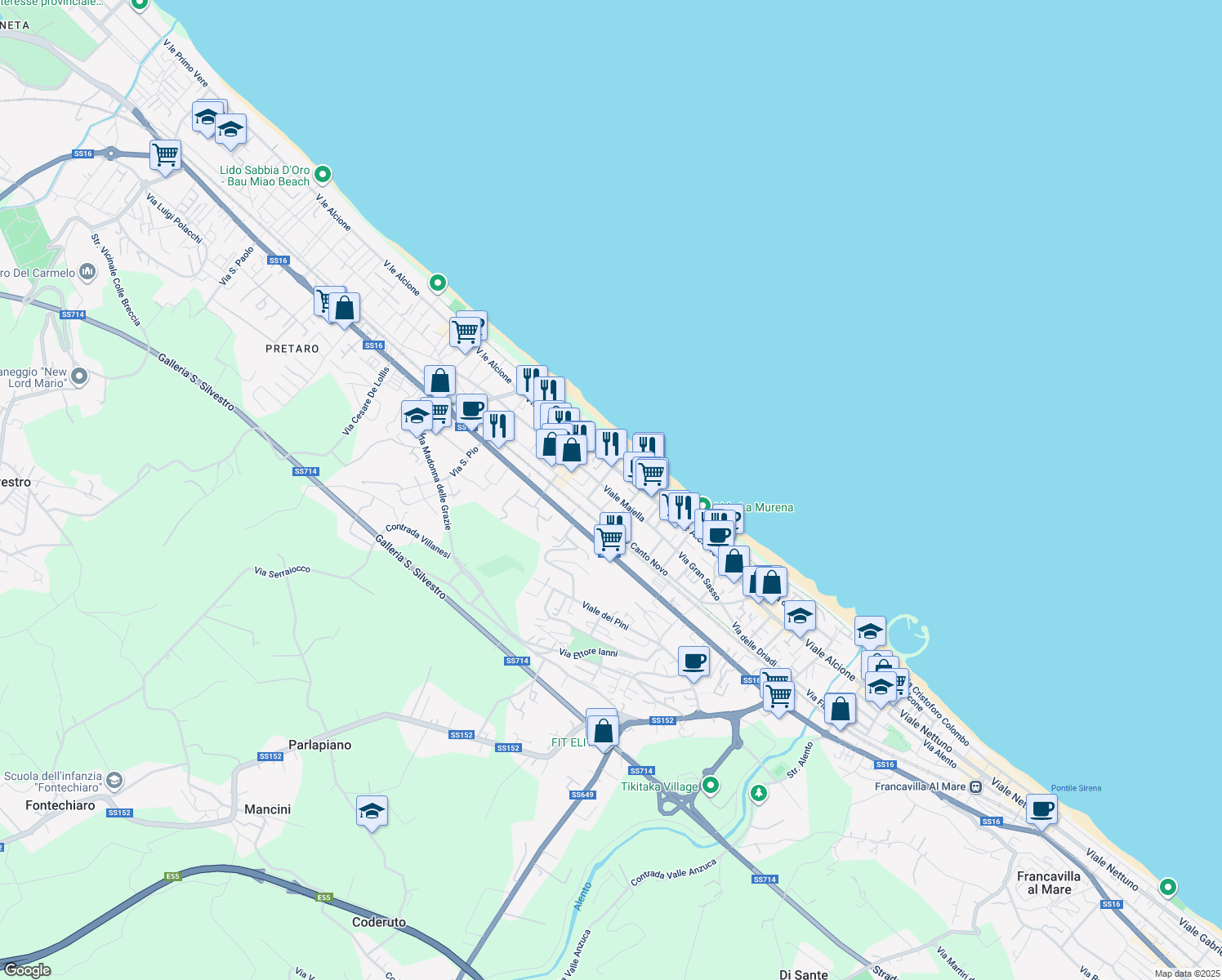 map of restaurants, bars, coffee shops, grocery stores, and more near Viale Alcyone in Francavilla Al Mare