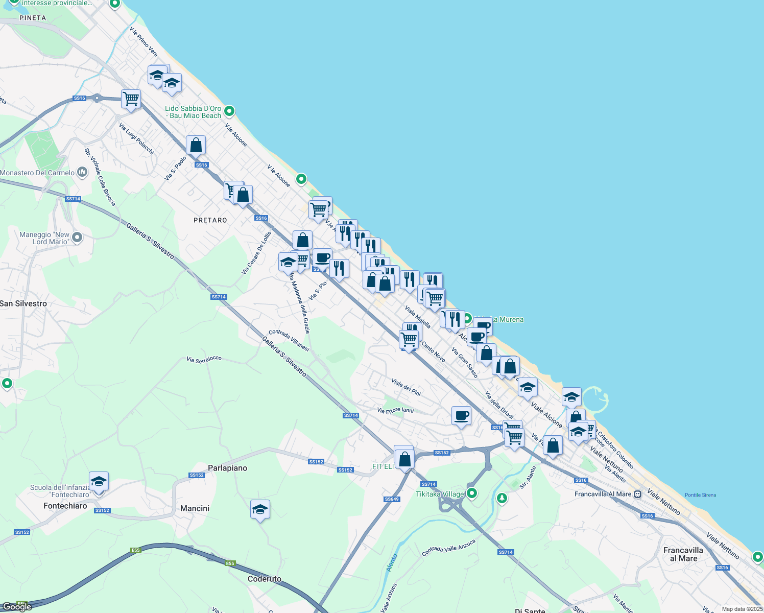 map of restaurants, bars, coffee shops, grocery stores, and more near 2D Via Monte Corno in Francavilla al Mare